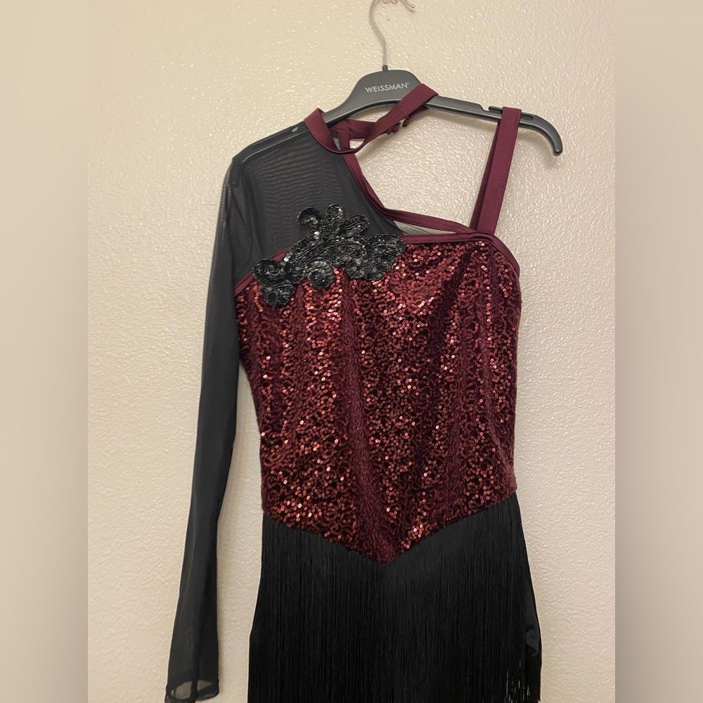 Weissman Dance Costume Burgundy Fringe One Sleeve Immortals 17042 Ma-Medium Adul — image 3 of 8